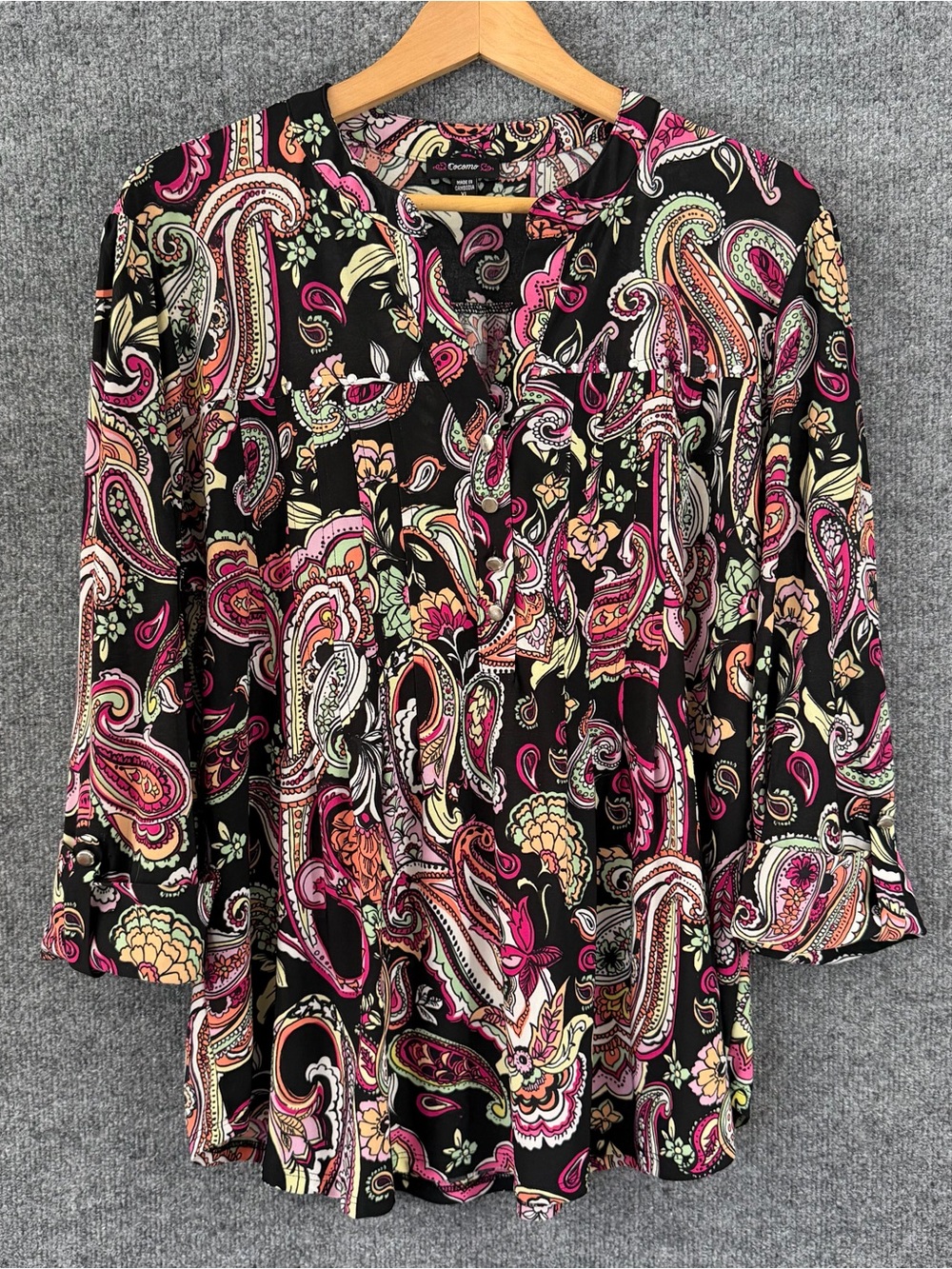 Cocomo Womens 3/4 Sleeve Floral Paisley Top Size XL Multicolor V Neck Office